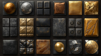 Texture samples. game ui app icons, square buttons toy block, bamboo stem, metal grid, air bubbles, bullet holes, glass, golf ball, leather menu interface textured graphics, isolated 3d vector set