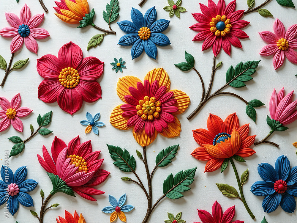 Poster A Colorful, Intricate Pattern Of Embroidered Flowers Is Used To Create A Seamless Decorative Textile Design On Fabrics And Other Materials. 00001