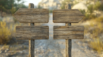 3d wooden arrow road sign board. Wood street pointer for direction guide isolated realistic travel notice set. Blank location or destination guidance label on stick icon design. Old roadsign panel