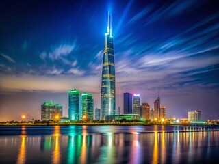 Obraz premium Jeddah Tower Night Photography: Stunning Low-Light Cityscape