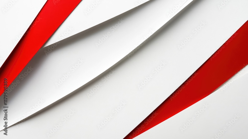 Poster abstract composition of layered white sheets with bold red stripes creating a dynamic and modern bac
