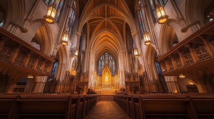 A Gothic cathedral with vaulted ceilings candlelight and vibrant stained glass windows