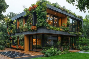 Fototapeta premium sustainable green office building with living walls solar panels and rooftop garden integration modern ecofriendly architecture design
