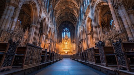 Naklejka premium A Gothic cathedral interior with stained glass casting hues across stone pillars