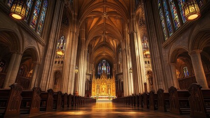 Obraz premium Sunlight through stained glass illuminates a Gothic cathedral interior