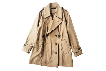 Blank beige trench coat template. Long trench coat with a belt and timeless silhouette. Transparent...
