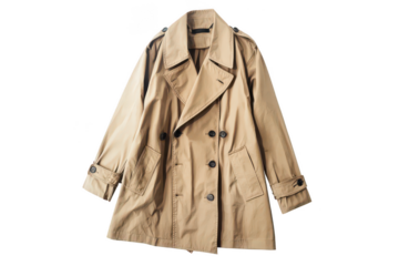 Blank beige trench coat template. Long trench coat with a belt and timeless silhouette. Transparent background.