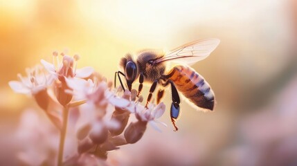 Bee collecting nectar from blossom during sunset highlighting the beauty of natural pollination in a serene setting.