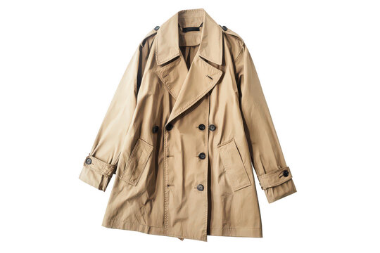 Blank beige trench coat template. Long trench coat with a belt and timeless silhouette. Transparent background.