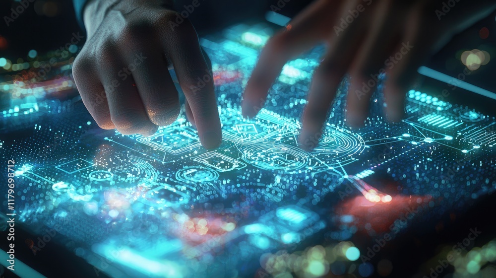 Leinwandbilder Futuristic Digital Interface Interaction with Technological Elements and Hands Touching High-Tech Display