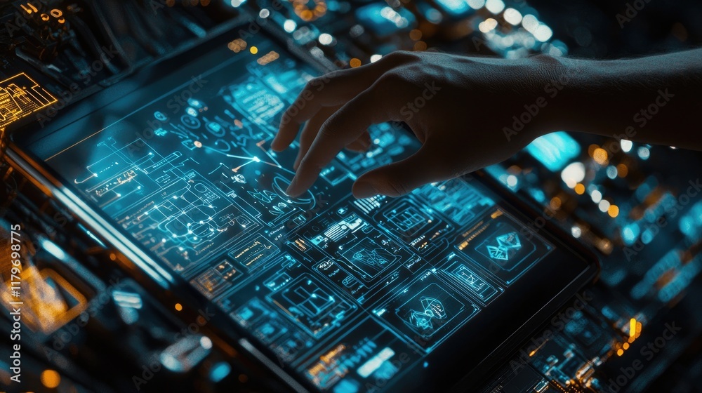 Poster Futuristic Interactive Touchscreen Display with Glowing User Interface and Technical Design Elements
