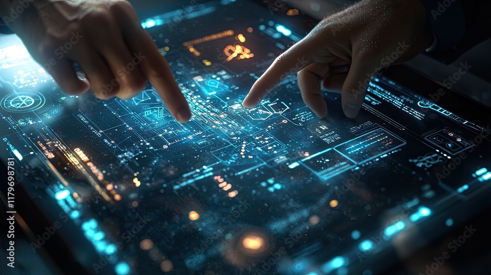 Fototapete Digital Touchscreens Showcasing Cutting-Edge Technology and Collaborative User Interaction in a Futuristic Setting