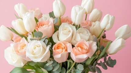 Obraz premium Elegant white invitation mockup surrounded by a beautiful bouquet of roses and tulips on a soft pink background showcasing floral aesthetics