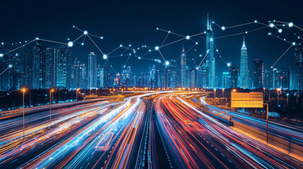 Night city highway with traffic speed effect. Vector cartoon illustration of dark cityscape view with illuminated skyscrapers in urban downtown district, starry sky, car light traces from fast motion