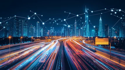 Night city highway with traffic speed effect. Vector cartoon illustration of dark cityscape view with illuminated skyscrapers in urban downtown district, starry sky, car light traces from fast motion