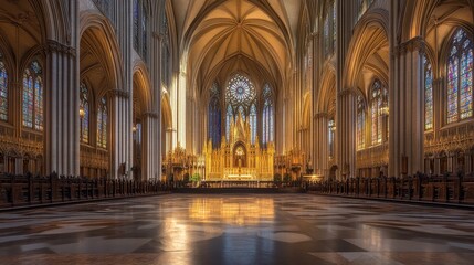 Fototapeta premium Gothic cathedral interior with stained glass filling the space with colorful hues
