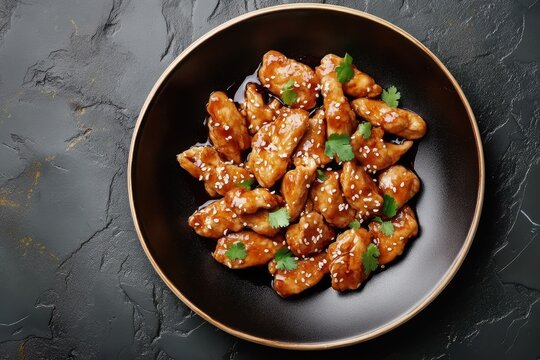 Top down view of teriyaki chicken on a plate against a black stone backdrop