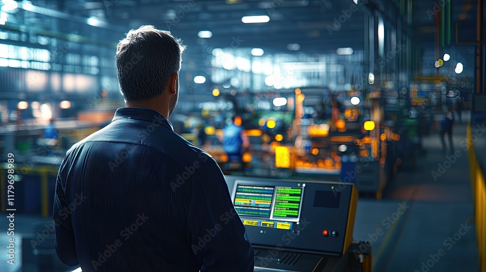 Poster Industry Professional Observing Operations in Modern Factory with Advanced Control Panel and Production Line in Background