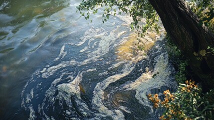 Polluted river with swirling algae and foam reflecting environmental degradation and water quality issues in a natural setting.