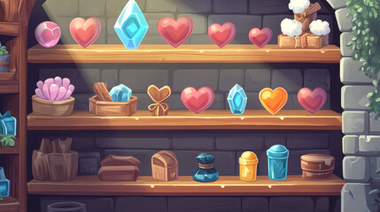 Cartoon game shop window with assets on wooden shelves. Vector illustration of gemstone, heart, gift box, golden bar, elixir bottle, magic capsule, cotton flower icons. User interface design elements