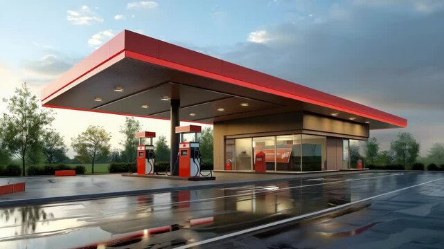 modern red gas station near the road