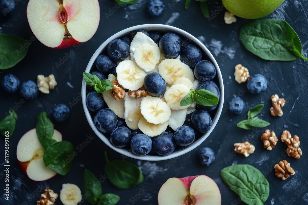 Sticker Top view of a fresh fruit salad with blueberries cottage cheese walnuts apple and spinach