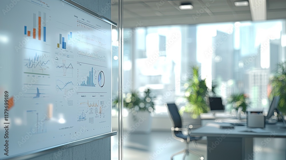 Poster Modern Office Environment with Financial Graphs and Large Windows Overlooking Cityscape