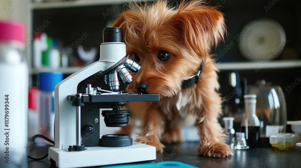 Poster curious dog observing microscope on a laboratory table in a bright environment