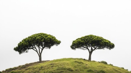 Canarian pine trees silhouetted against a cloudy sky on lush green hillside in nature landscape scene