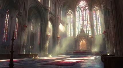 Fototapeta premium A serene Gothic cathedral with pointed arches and stained glass casting soft hues
