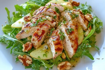 Top view of a plate featuring a Waldorf salad with apple celery lettuce grilled chicken arugula and walnuts on a blue table