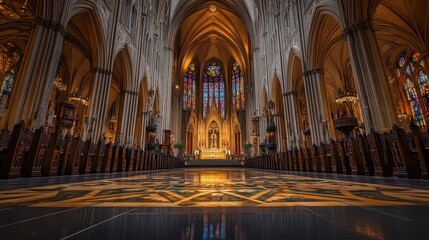 Obraz premium A richly decorated Gothic cathedral with stained glass casting colorful light