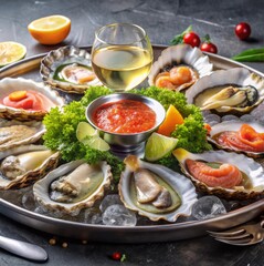 Luxury seafood banquet with oysters topped with caviar, smoked salmon, and truffle oil, on a polished silver tray with cocktail sauce and lemon wedges