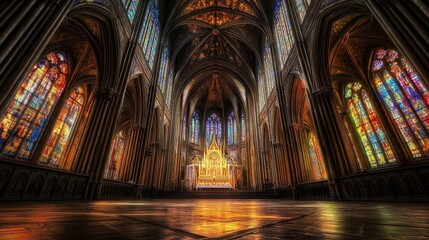A decorated Gothic cathedral with vibrant stained glass filling the space