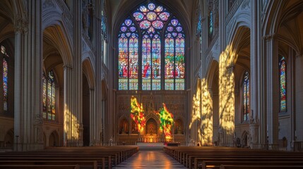 Fototapeta premium Tall stained glass window with vibrant scenes from Christ's life casting colorful patterns on the floor