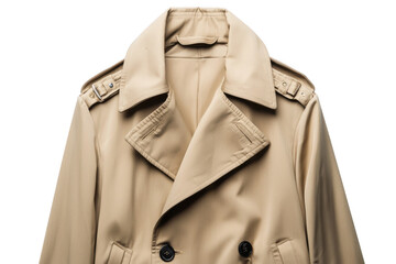 Blank beige trench coat template. Long trench coat with a belt and timeless silhouette. Transparent background.