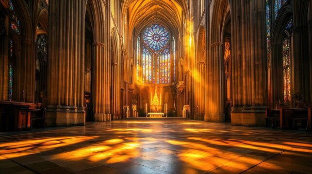 Grand Gothic cathedral with sunlight through rose windows casting vibrant light patterns