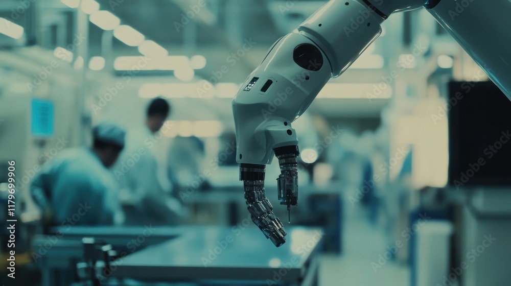 Poster modern robotic arm performing precise operations in an advanced manufacturing facility, highlighting