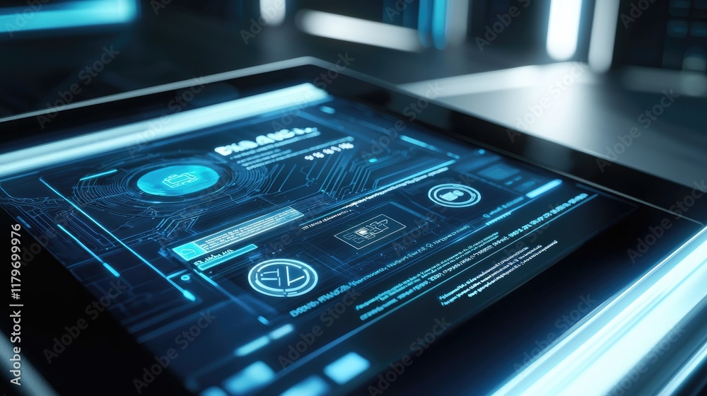 Poster Futuristic Digital Interface Display on a Tablet in High-Tech Environment with Glowing Elements and Interactive Features