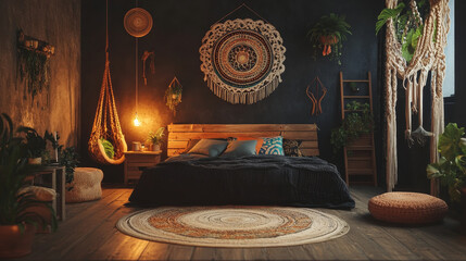 Boho, bohemian bedroom interior at night. Empty dark room with wooden furniture, bed, plants, round rags, glow lamp. Hipster style wall decoration, table vintage design, Cartoon vector illustration