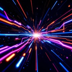 Naklejka premium A mesmerizing explosion of neon-glowing rays in vibrant electric blue, neon purple, and fiery orange, depicting high-speed data flow and futuristic technology. Intricate digital grids and swirling par