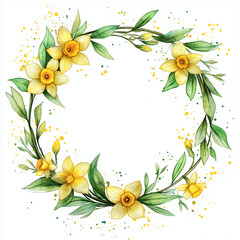 A hand-painted spring wreath with yellow flowers and green leaves in watercolor, creating a bright and cheerful circular border design