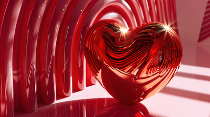 Red heart glass sculpture in minimalist 3D design scene with soft pink tones