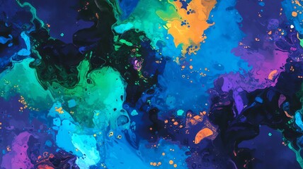 Naklejka premium Vibrant abstract artwork featuring a blend of blue, green, orange, and purple colors creating a mesmerizing explosion of hues
