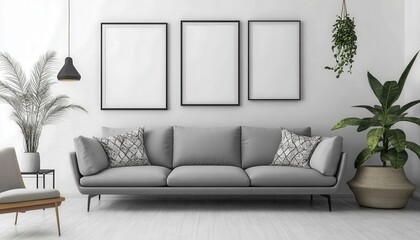 Fototapeta premium Modern Gray Sofa in Minimalist Living Room with Plants Frames