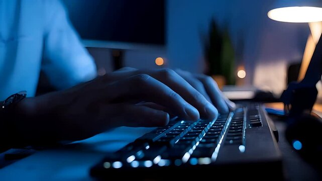 In a close-up shot, a man is seen typing on a computer keyboard with precision, illustrating the concept of computer programming, online messaging, and digital marketing.