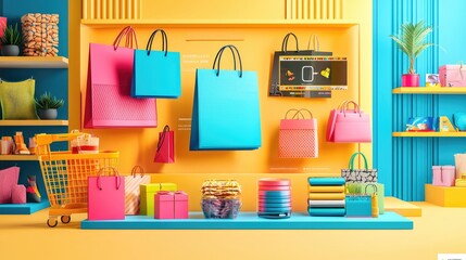 Colorful shopping bags and vibrant merchandise display in a modern retail environment with playful decor elements