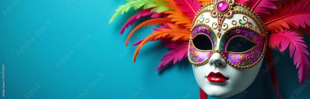 Poster A Colorful Mask Adorned With Feathers Is Prominently Displayed Against A Vibrant Blue Background Banner At An Exciting Carnival Event. 00002