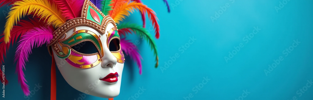 Poster A Colorful Mask Adorned With Feathers Is Prominently Displayed Against A Vibrant Blue Background Banner At An Exciting Carnival Event. 00001
