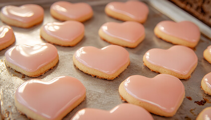 Obraz premium Glazed Heart Shaped Valentine's Day Cookies - Delicious Homemade Natural Organic Cookies, Baking With Love For Valentine's Day
